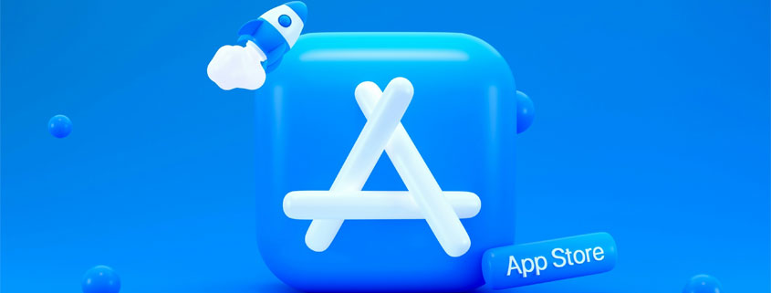 App Store sign featuring a square application icon with a stylized A, accompanied by a small rocket graphic
