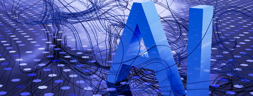 Artificial-Intelligence-Symbol-Surrounded-by-Digital-Network-Lines AI symbol surrounded by an intricate network of interconnected lines representing artificial intelligence and digital technology