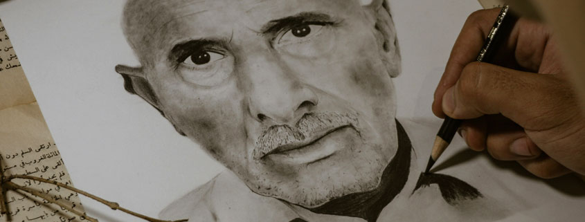 Artist-Drawing-Portrait-of-Elderly-Bald-Man-by-Hand Artist's hand carefully drawing details around the neckline of a portrait depicting an elderly bald man