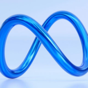 Blue Meta infinity-shaped logo displayed on a sign representing the technology company founded by Mark Zuckerberg
