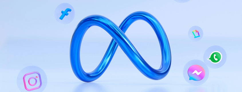 Blue Meta infinity-shaped logo displayed on a sign representing the technology company founded by Mark Zuckerberg