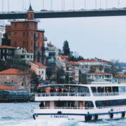 View of a suspension bridge spanning the Bosphorus Strait in Istanbul, Turkey, photographed during a boat tour