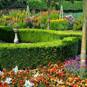 Outdoor garden featuring colorful flowering plants, landscaped flower beds, and lush green lawn areas