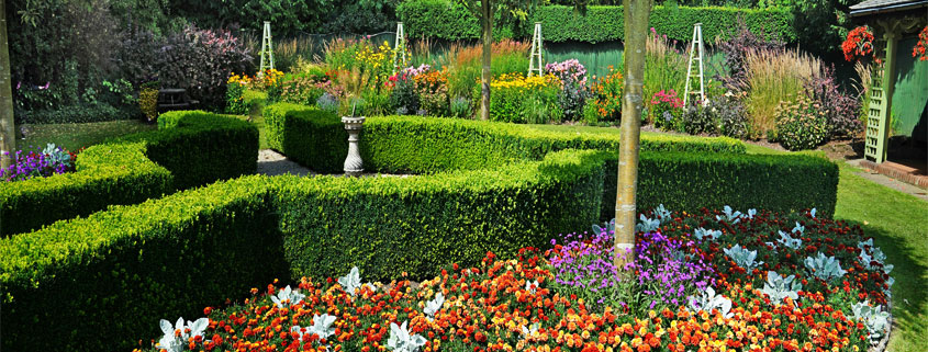 Colorful-Outdoor-Garden-With-Flower-Beds-and-Green-Lawn Outdoor garden featuring colorful flowering plants, landscaped flower beds, and lush green lawn areas