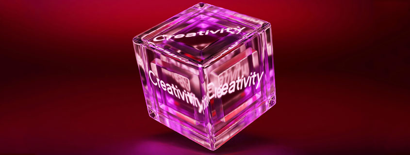 Creativity-Word-Displayed-on-Multiple-Sides-of-Cube Three-dimensional cube featuring the word Creativity on each visible side