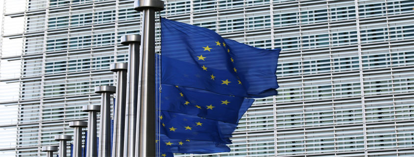 Multiple European Union flags displayed together featuring the blue background and circle of twelve gold stars