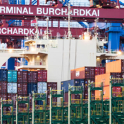 Commercial port terminal in Hamburg, Germany, representing international maritime shipping and global trade