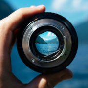 Hand holding a detached camera lens that frames a mountain lake surrounded by towering mountains