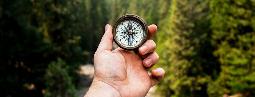 Hand-Holding-Navigation-Compass-Toward-Distant-Forest Hand holding a navigation compass toward a distant forest while searching for direction through the natural landscape