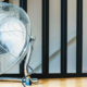 Large floor fan running in a clean and tidy indoor room to circulate air throughout the space