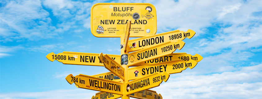 New-Zealand-Directional-Signs-to-World-Cities Multiple directional signs in New Zealand pointing toward international destinations including London, Sydney, Wellington, New York, Suqian, and Kumagaya