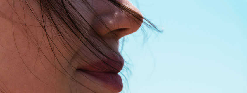 Partial-Womans-Face-With-Nose-Lips-and-Windblown-Hair Partial view of a woman's face showing her nose and lips with loose strands of hair blowing across her skin
