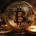 Gold Bitcoin coin standing upright between two large coins, with additional cryptocurrency coins fading into the background