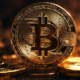 Gold Bitcoin coin standing upright between two large coins, with additional cryptocurrency coins fading into the background
