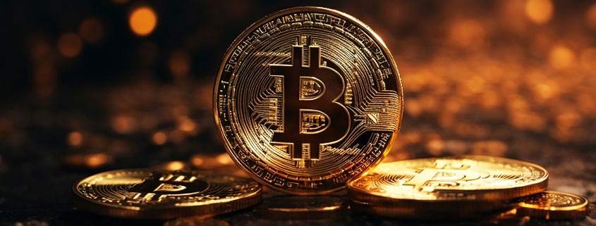 Standing-Gold-Bitcoin-Coin-Surrounded-by-Cryptocurrency-Coins Gold Bitcoin coin standing upright between two large coins, with additional cryptocurrency coins fading into the background