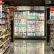 Supermarket aisle displaying a variety of food products including cheese, dairy items, candy, cookies, and biscuits